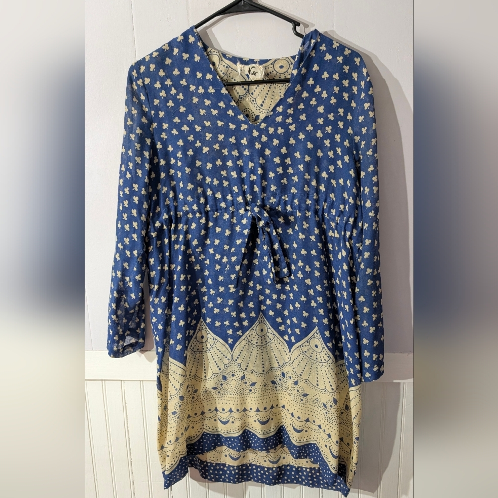 Blue Boho Tunic Dress Retro 70s Style Print Tie Waist Medium - Picture 3 of 5
